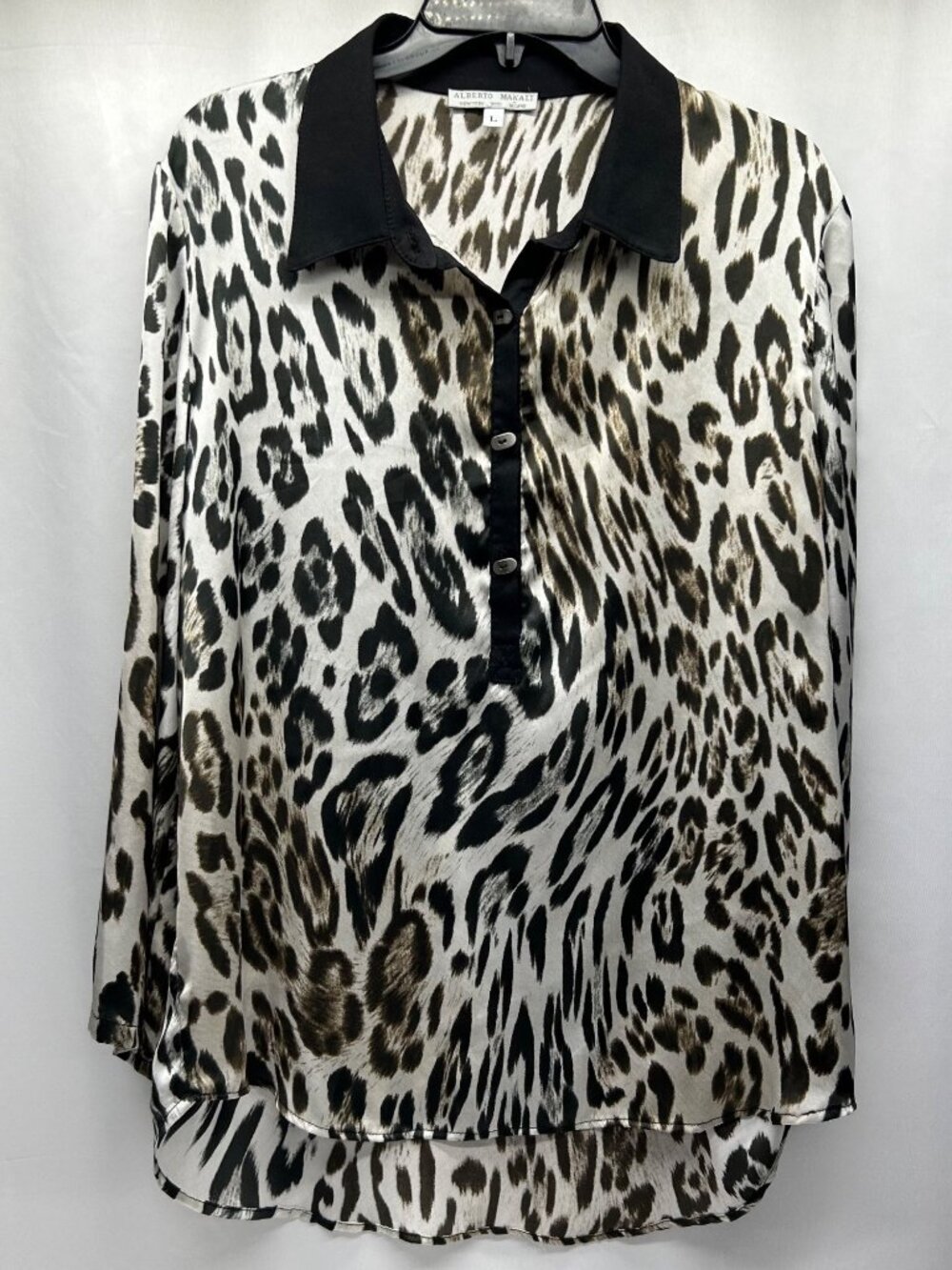Alberto Makali Leopard Print Button-Up Blouse With Black Collar & Roll Tab Sleev
